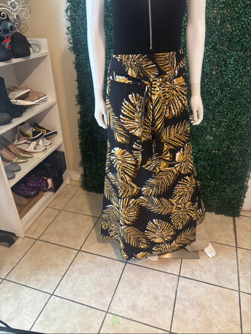 Black Maxi Skirt with Gold Tropical Leaf Print and Waist Tie